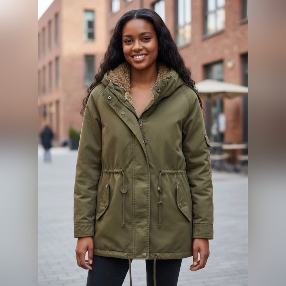 Womens Olive Green Over Coat Mid Length Fur Lined Hooded Size Small